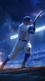 Baseball batter prepares swing under stadium lights in rain