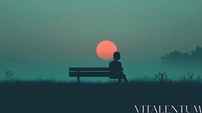 Silhouetted figure sits on bench before low red sun