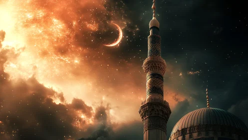 Minaret and crescent moon against luminous night sky.