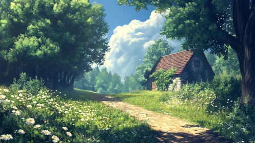 Country path leading to small stone cottage in summer.