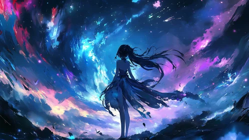 Solitary silhouette gazes into a swirling cosmic sky