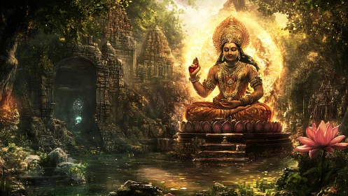 Lotus throne goddess radiating light in jungle-temple hush.