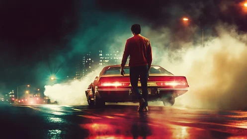 Night street wanderer beside smoke drenched muscle car.