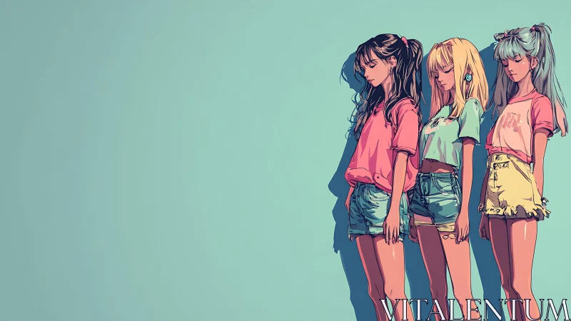 Three stylized girls standing against plain teal wall.