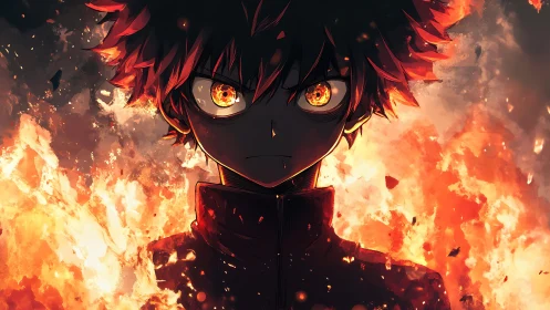 Fire-eyed anime rebel standing unshaken in roaring inferno.