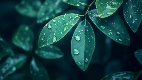 Green leaves with raindrops in soft natural focus.