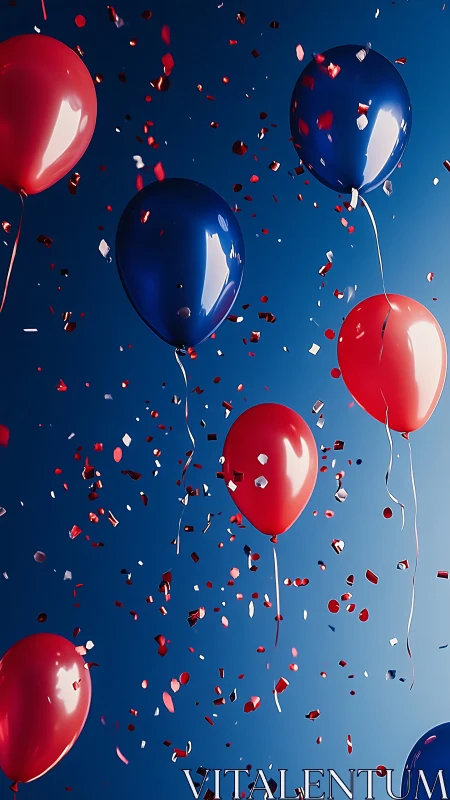 Red and blue balloons suspended against blue gradient background.