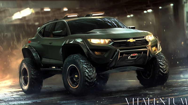 Armored off-road Chevy truck powers through a wet city street.