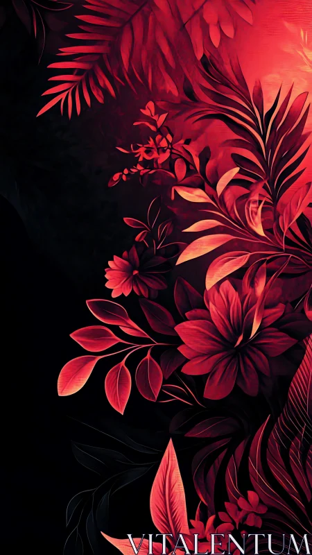Crimson tropical florals ignite deep black negative space.
