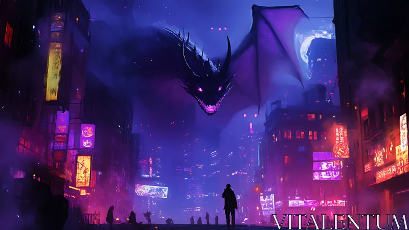 Gigantic neon-lit dragon hovers above cyberpunk city street