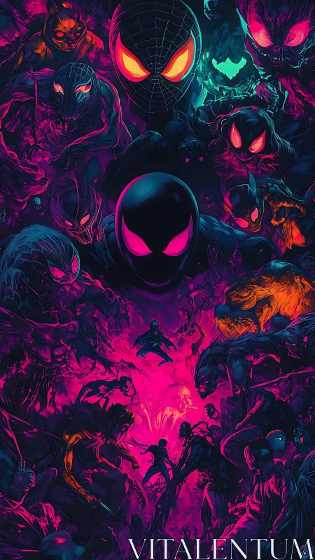 Neon spider multiverse confrontation in dynamic digital painting.