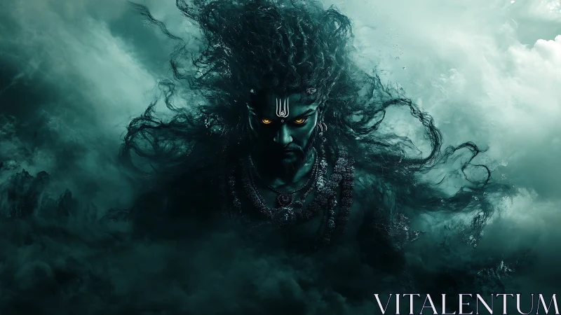 Mythic storm deity emerging from volumetric turquoise mist.