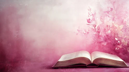 Open book lies under soft pink floral watercolor glow.
