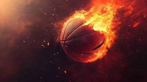 Basketball engulfed in bright orange flames in motion.