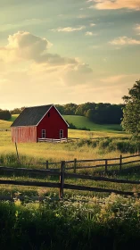 Red barn stands in golden rural meadow under soft sunset sky