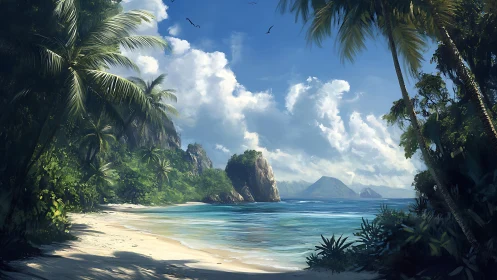 Tropical Paradise Beach with Volcanic Island Vista