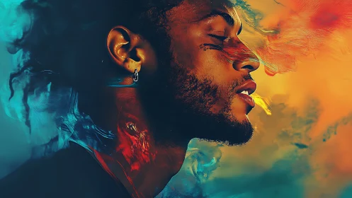 Profile portrait with abstract color clouds surrounding figure.