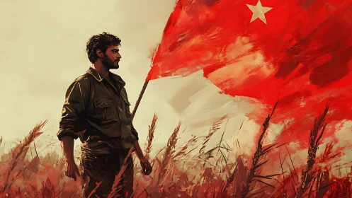 Lone revolutionary stands in burning field beneath red flag