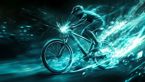 Neon Velocity: High-Speed Cyclist with Cyan Energy Trails and Kinetic Motion Blur Effects
