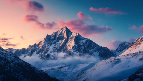 Snow-capped mountain ridge glows under vivid sunrise sky