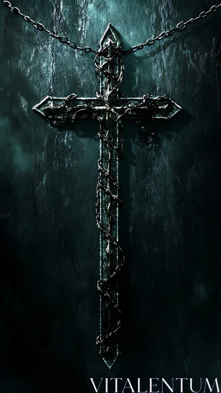 Cruciform blade of thorns in storm-dark devotional shadow.