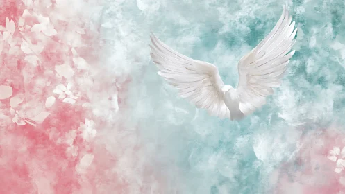 White dove with spread wings flies across pastel background