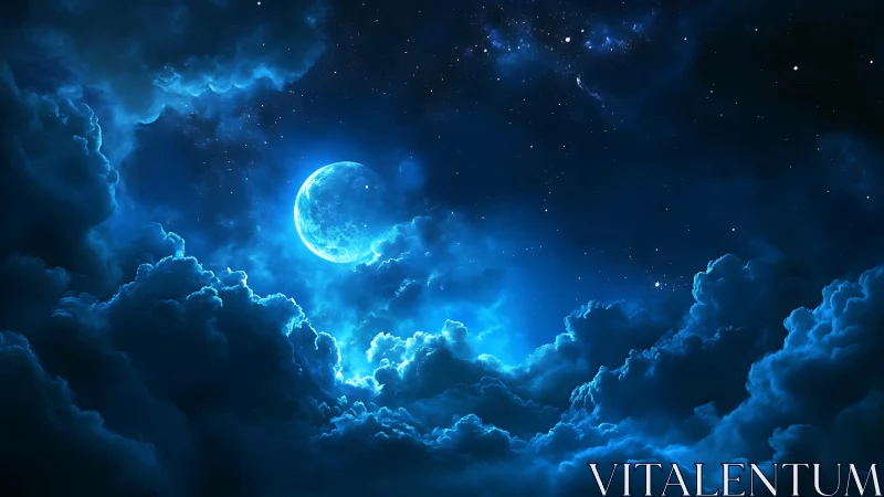 Moonlit clouds glowing softly in a deep sapphire night sky.