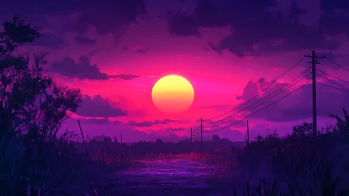 Neon pink sunset over rural road and power lines.