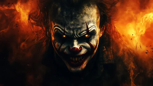 Malevolent clown portrait framed by infernal flames.