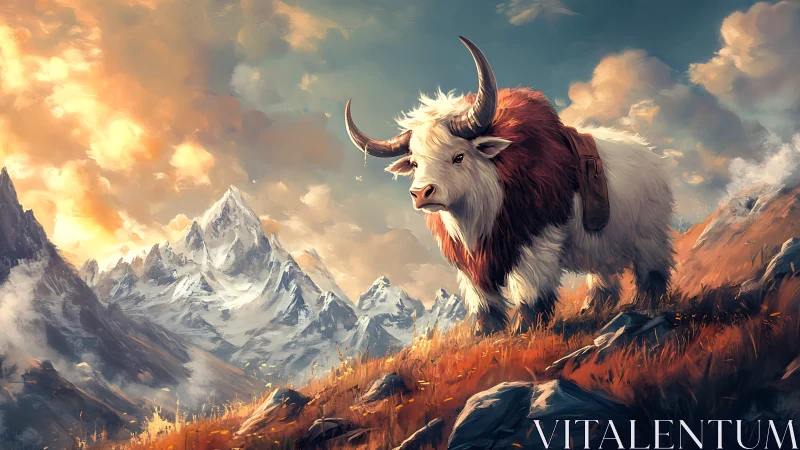 Horned mountain pack animal on alpine ridge at sunset.