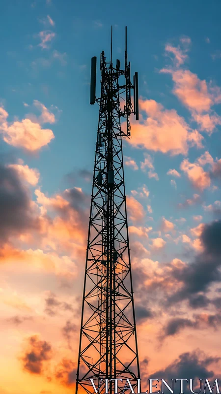 Skyline signal tower crowned by molten cotton clouds.