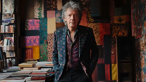 Pattern-drenched dreamer stands guard in his vibrant paper realm