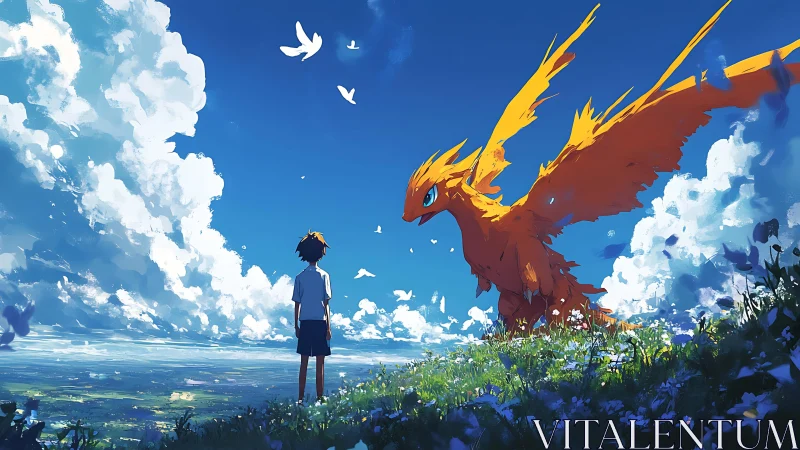 Boy and fiery skybird sharing a quiet hilltop moment.