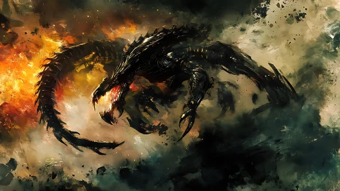 Dark serpent-like dragon lunges through fire and smoke.