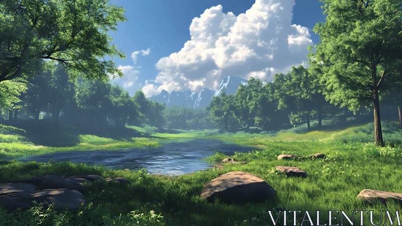 Mountain lake in green forest under large cloud sky.