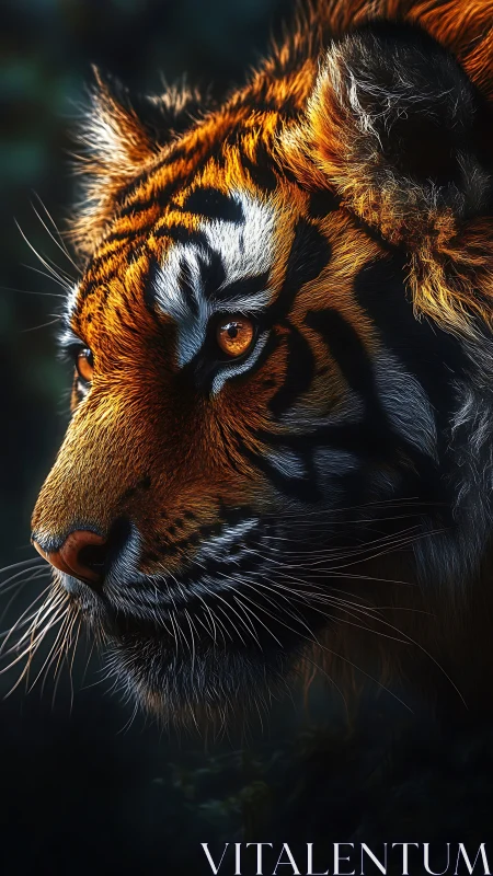 Burnished tiger portrait under moody, cinematic light.