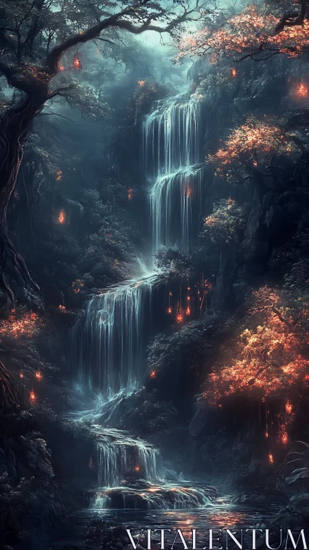 Waterfall in Burning Forest with Glowing Light.
