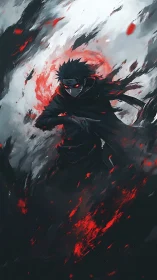 Stormlit rogue shinobi swirling through scarlet embers.