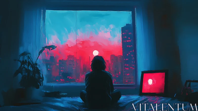 Neon dusk hums softly as a lone dreamer studies the city glow