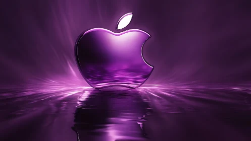 Translucent purple apple emblem over luminous water surface.