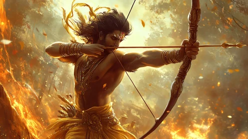 Warrior archer drawing a bow amid blazing golden fire.