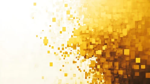 Abstract golden pixel explosion with digital mosaic style.