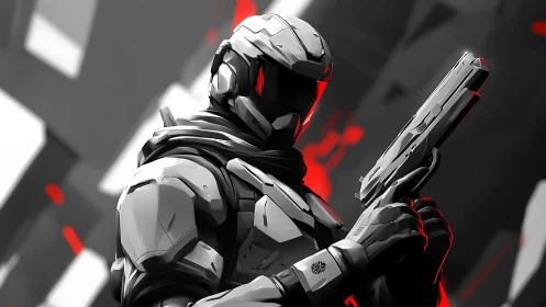Armored cybernetic operative aims pistol in stark monochrome