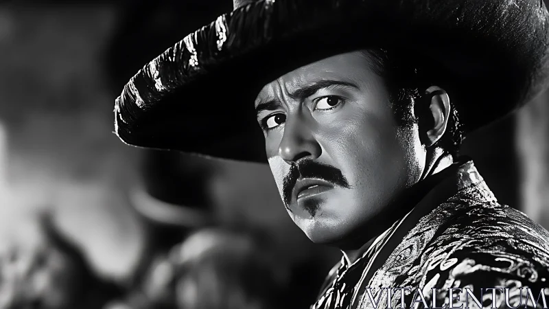 Stoic charro locks the lens with stormy, suspicious eyes