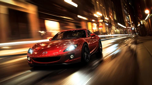 Sleek red sports car gliding through glowing city streets.