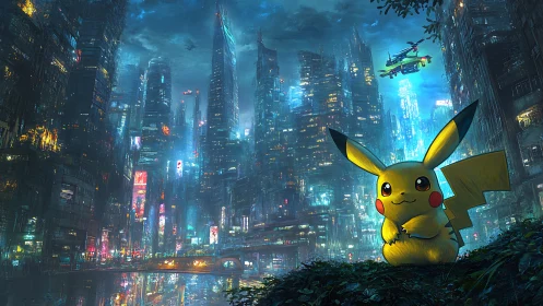 Pikachu positioned before dense illuminated future cityscape.