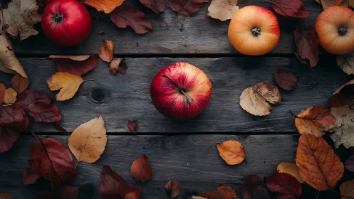 Autumn apples rest on rustic wood with scattered leaves.