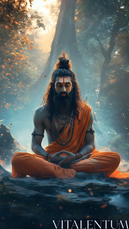 Meditating ascetic in orange robes within misty forest setting.