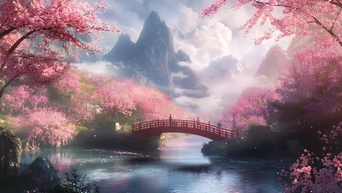 Red arched bridge spans reflective river amid dense cherry blossoms