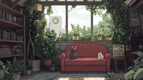 Cozy plant-filled sunroom couch frames two resting cats